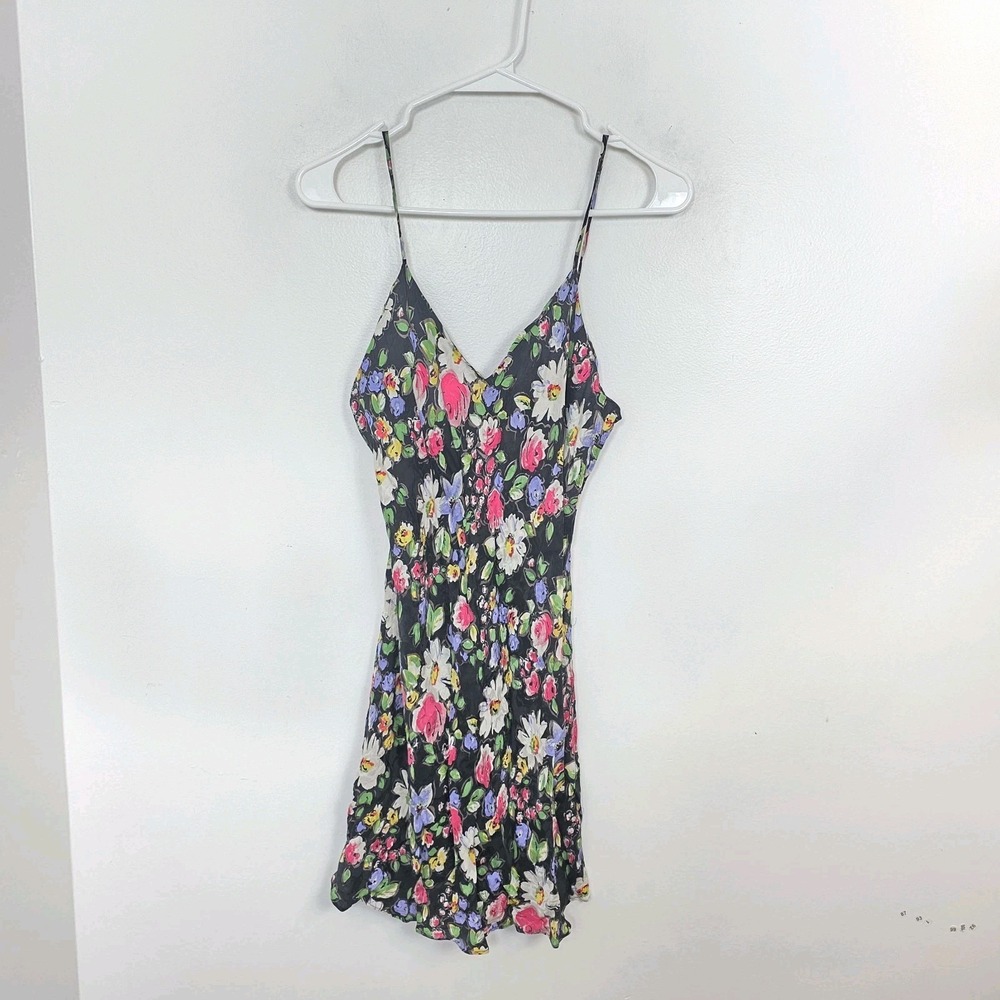 August Silk Black Colorful Floral 100% Silk 90s Y2K Feminine Slip Mini Dress Sm.